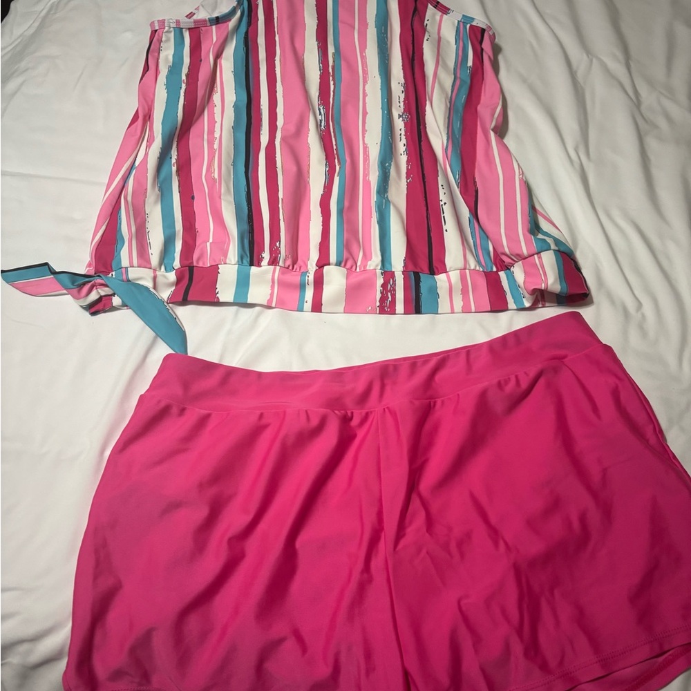 Pink striped tankini swim suit